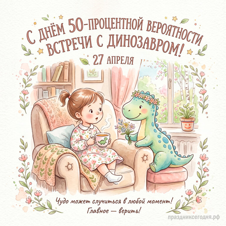 Открытка ко дню 50-процентной вероятности встречи с динозавром 27 апреля