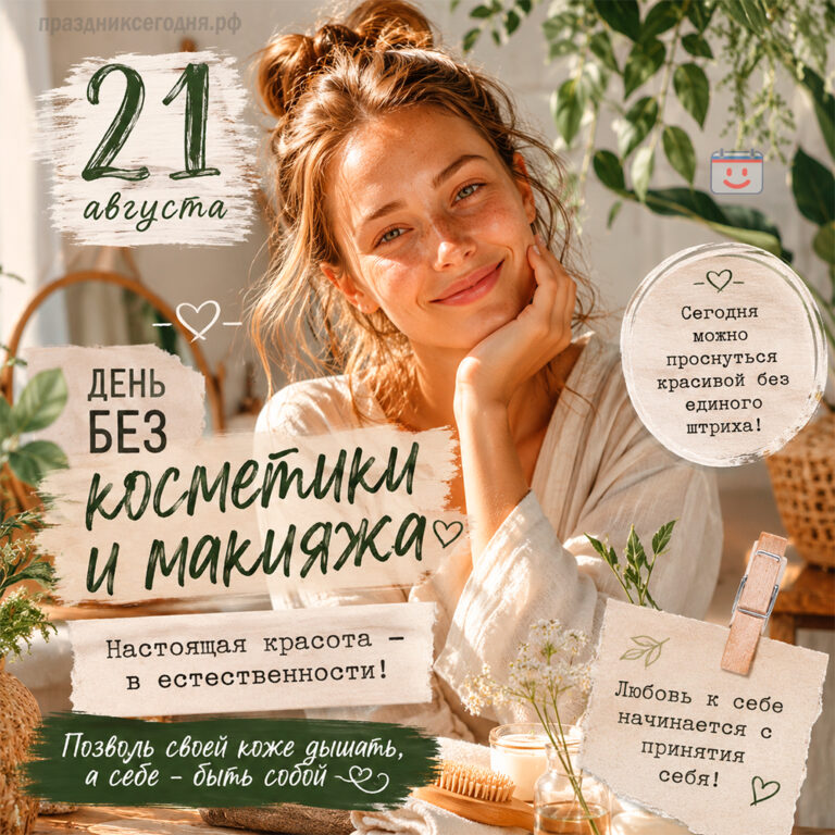 Открытка ко дню без косметики и макияжа 21 августа