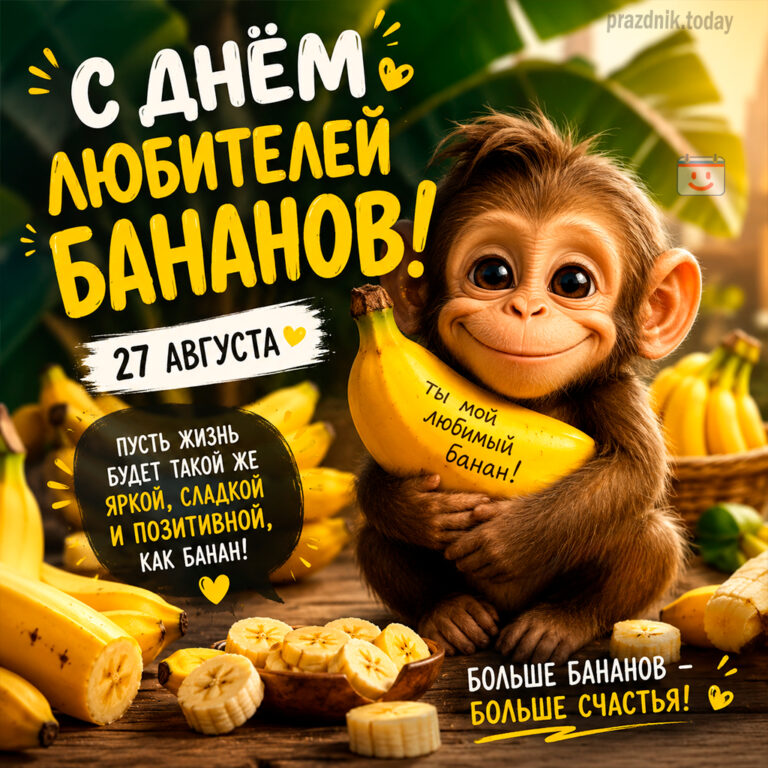 Открытка ко дню любителей бананов 27 августа