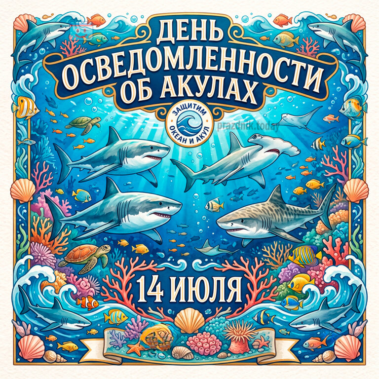 Открытка ко дню осведомленности об акулах 14 июля