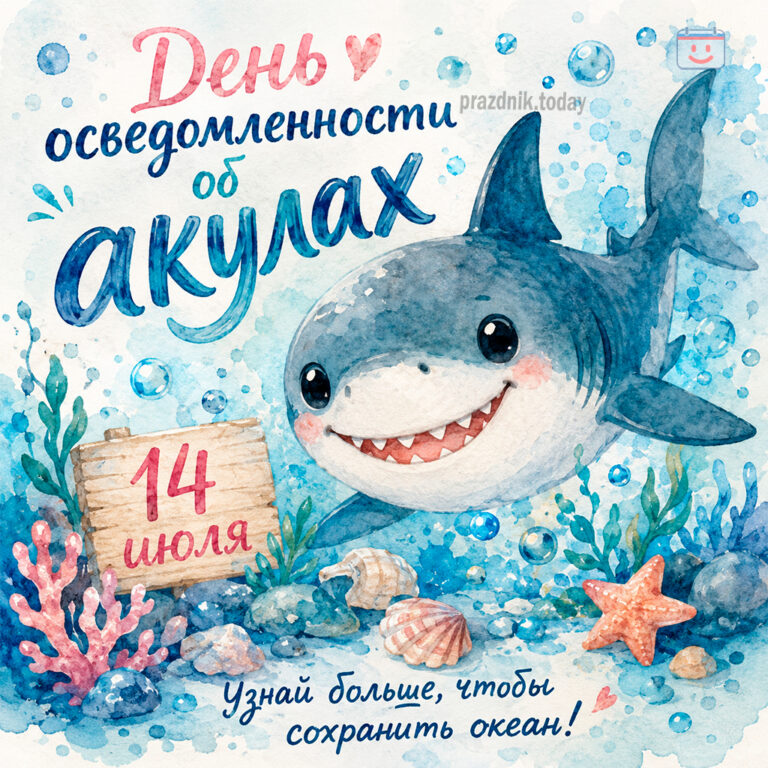 Открытка ко дню осведомленности об акулах 14 июля
