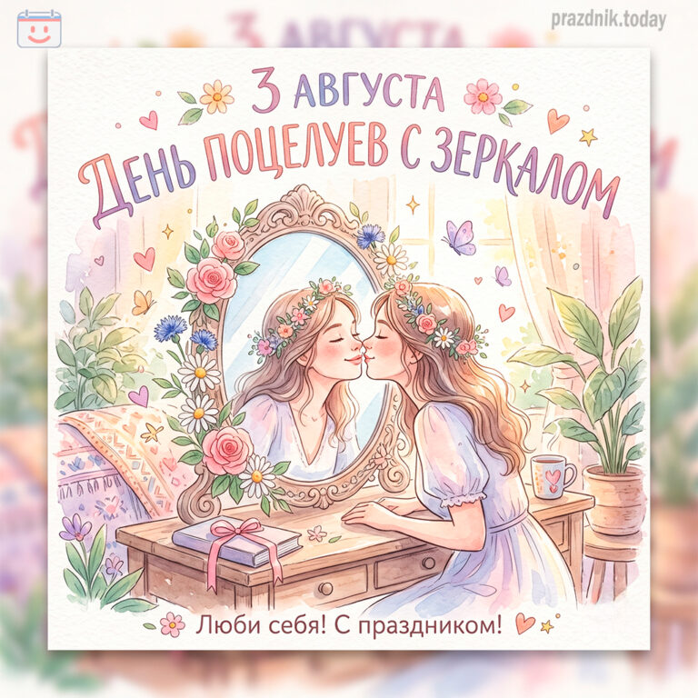 Открытка ко дню поцелуев с зеркалом 3 августа