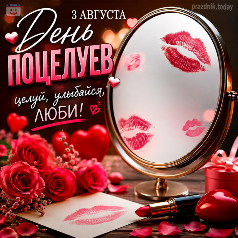 Открытка ко дню поцелуев с зеркалом 3 августа