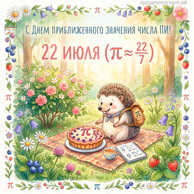 Открытка ко дню приближенного значения числа числа π («Пи») 22 июля