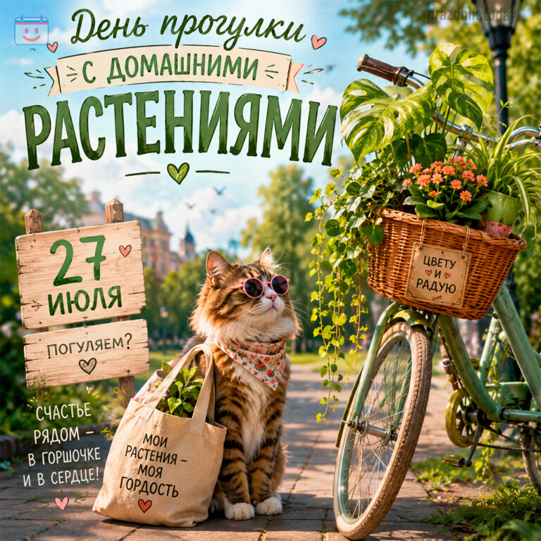 Открытка ко дню прогулки с домашними растениями 27 июля