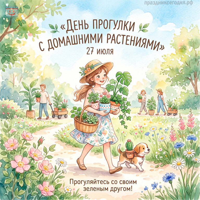 Открытка ко дню прогулки с домашними растениями 27 июля