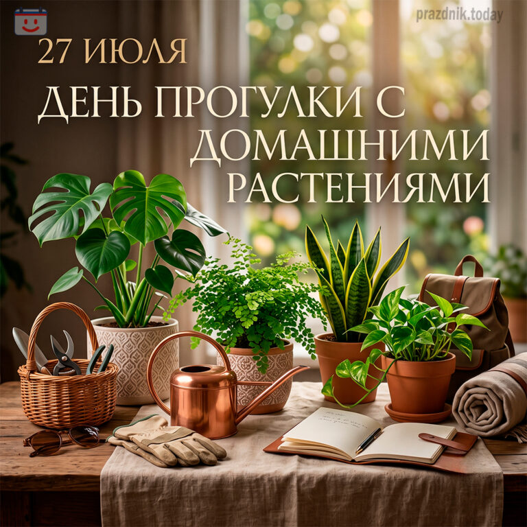 Открытка ко дню прогулки с домашними растениями 27 июля