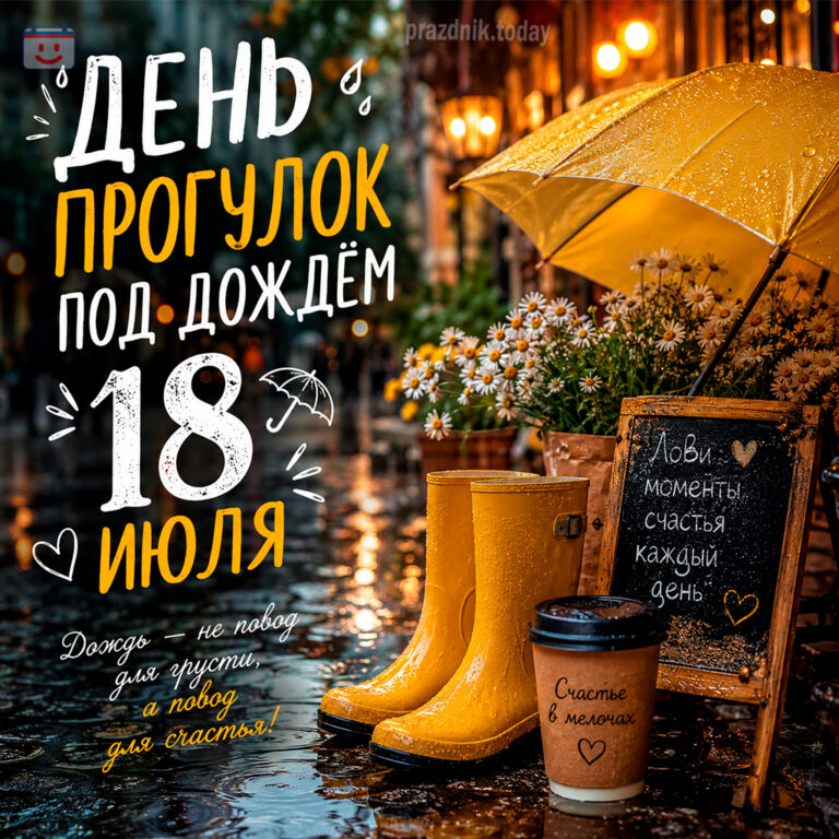 Открытка ко дню прогулок под дождём 18 июля
