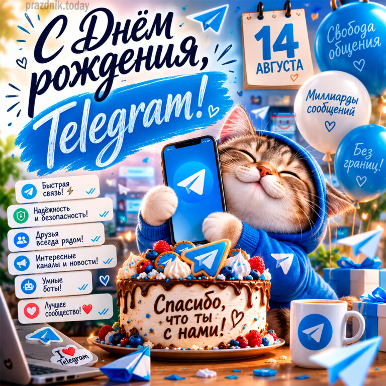 Открытка ко дню рождения мессенджера Telegram 14 августа