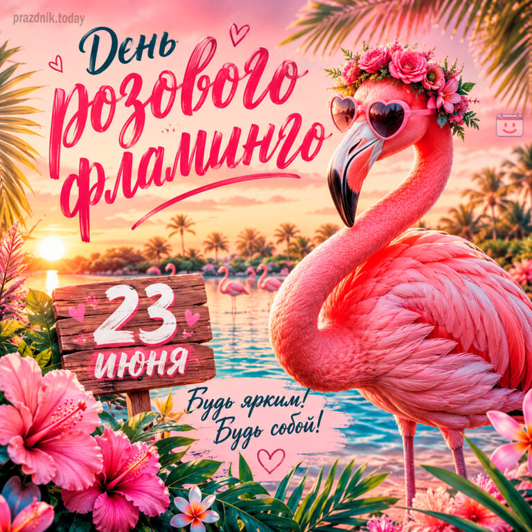 Открытка ко дню розового фламинго 23 июня