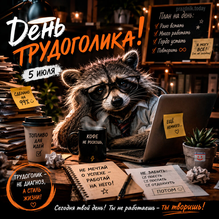 Открытка ко дню трудоголика 5 июля