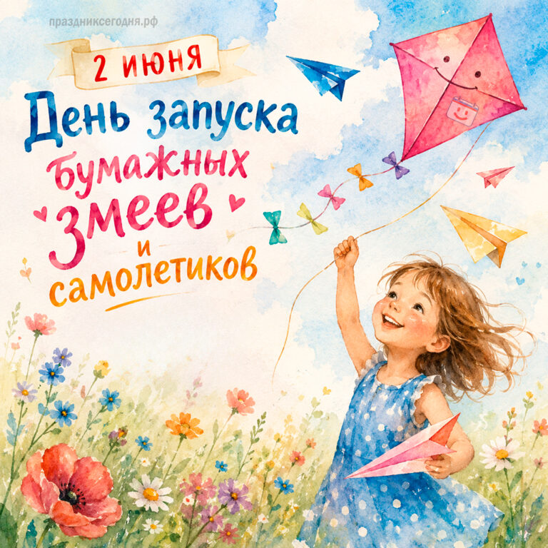 Открытка ко дню запуска бумажных змеев и самолетиков 2 июня