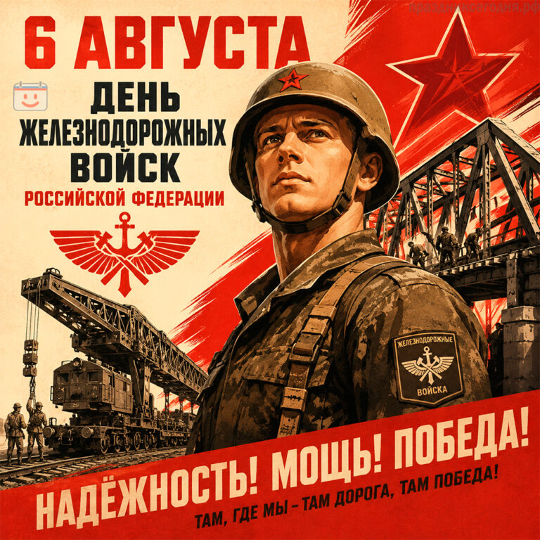 Открытка ко дню Железнодорожных войск Российской Федерации 6 августа