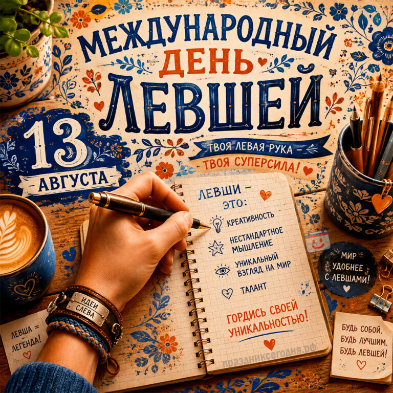 Открытка к Международному дню левшей 13 августа