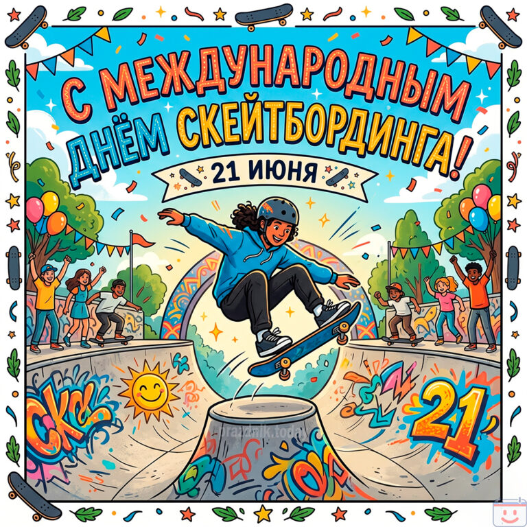 Открытка к Международному дню скейтбординга 21 июня