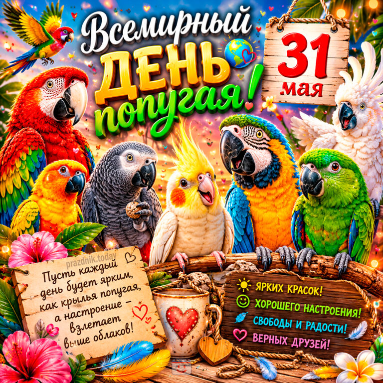 Открытка ко Всемирному дню попугая 31 мая