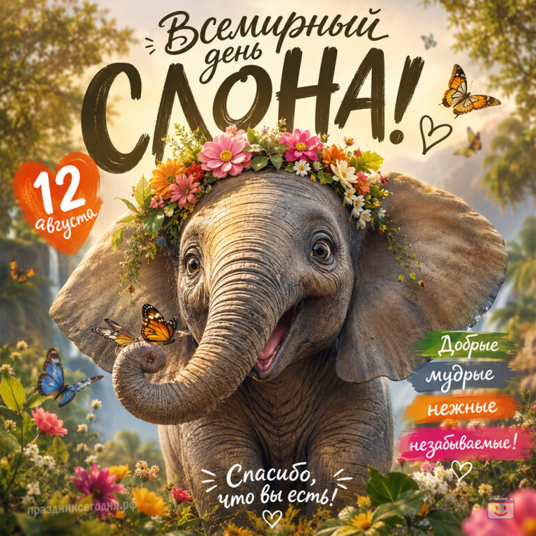 Открытка ко всемирному дню слона 12 августа