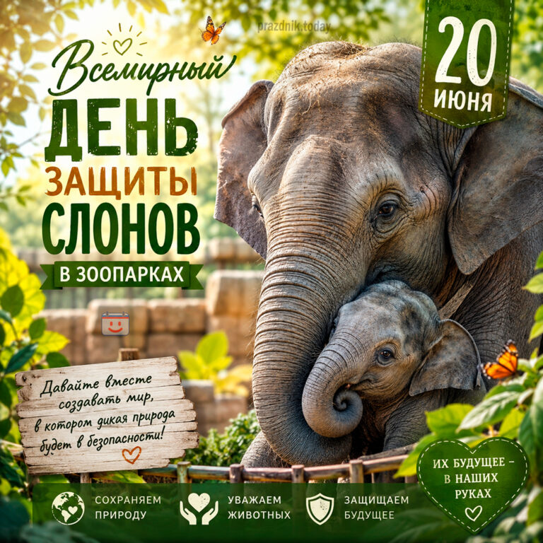 Открытка ко Всемирному дню защиты слонов в зоопарках 20 июня